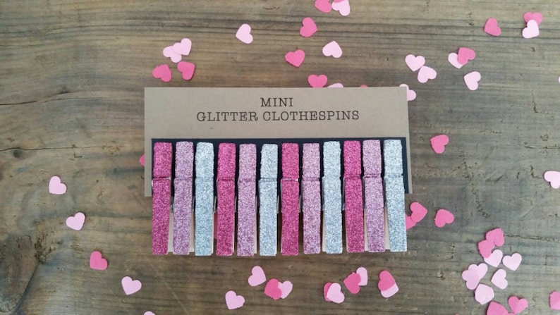 Mini Glitter Clothespins. Fuchsia, Pink and Silver Glitter. Set of Twelve 12. Valentines Day. Party Decor. Wedding Decor. image 1