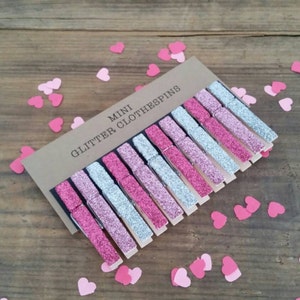 Mini Glitter Clothespins. Fuchsia, Pink and Silver Glitter. Set of Twelve 12. Valentines Day. Party Decor. Wedding Decor. image 4