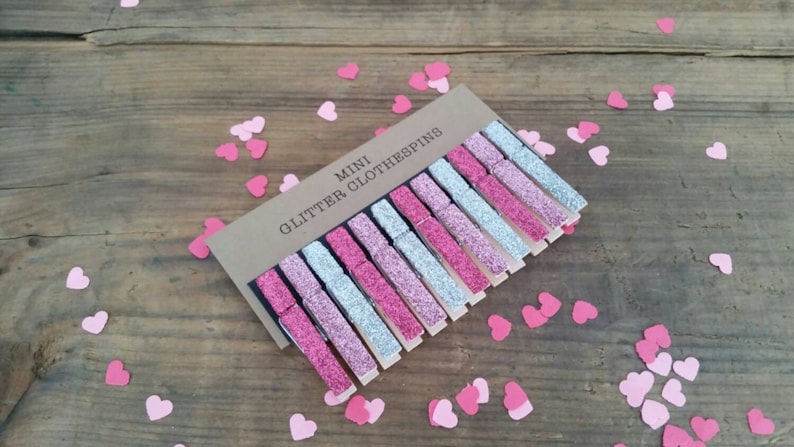 Mini Glitter Clothespins. Fuchsia, Pink and Silver Glitter. Set of Twelve 12. Valentines Day. Party Decor. Wedding Decor. image 4