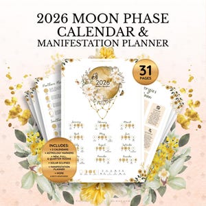 Calendario de fases lunares imprimible 2026 • Eventos celestiales imprimibles de brujas • Arte de fases lunares • Planificador de manifestaciones lunares • Calendario lunar dorado