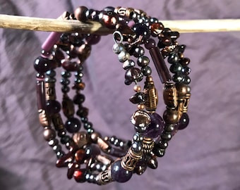 Amethyst Copper and Pearl Memory Wire Coil Bracelet