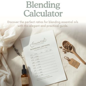 Può includere: Una guida bianca per il calcolatore di miscelazione con rapporti di miscelazione di oli essenziali, una bottiglia di vetro marrone con un contagocce, un cucchiaio di legno con erbe e un rametto di lavanda. Il testo dice "Blending Calculator".