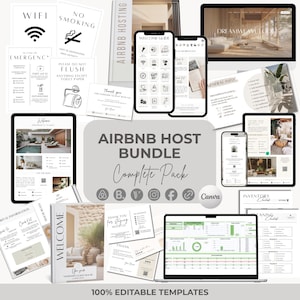 Könnte beinhalten: Ein Airbnb Host Bundle mit editierbaren Vorlagen, einschließlich Willkommensführern, Checklisten und digitalen Dokumenten. Das Bundle enthält einen Laptop, Tablets und Smartphones, die verschiedene Vorlagen anzeigen. Der Text "Airbnb Host Bundle Complete Pack" ist sichtbar.