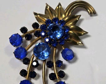 Vintage Retro Sterling Silver Blue Glass Rhinestone Spray Floral Brooch Pin
