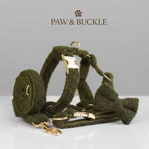 グリーンフリース テディカラー ハーネス リーシュ ボウタイセット • 織りカスタムグリーンドッグセット • 刻印入りカラーハーネス • ウェディングマッチングドッグセット