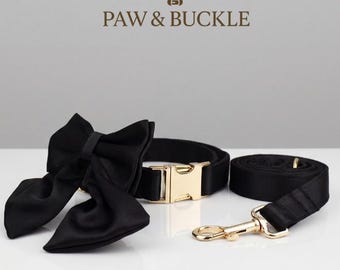 Satin Black 3pcs Dog Collar Leash Bowtie Set • Black Polyester Dog Collar Set • Custom Engraved Collar • Puppy Dog Matching Set