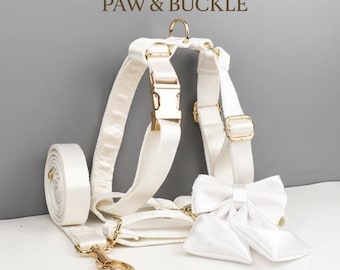 White Luxury Dog Harness Leash Bowtie Collar • Dog Wedding Accessory • Satin Nylon White Dog Collar • Engraved Dog Collar Harness