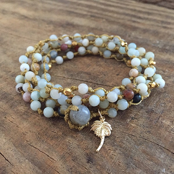 Bracelet multirangs pour femme en amazonite, breloque palmier en or, perles semi-précieuses, bracelet bleu pâle et doré en perles