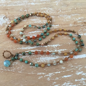 Gemstone Wrap Beaded Bracelet for Woman, x5 Wrap Bracelet, Light Blue, Earthy Green, Orange and Gold