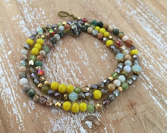 Boho Wrap Gemstone and Glass Bracelet for Woman, Colourful Gemstone Necklace