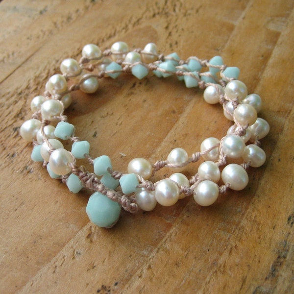 COMMANDE SPECIALE EVA Freshwater Pearl Bracelet, Boho Wrap Bracelet, Ivory & Pale Mint, Bohemian Bracelet, Weddings, Boho Chic