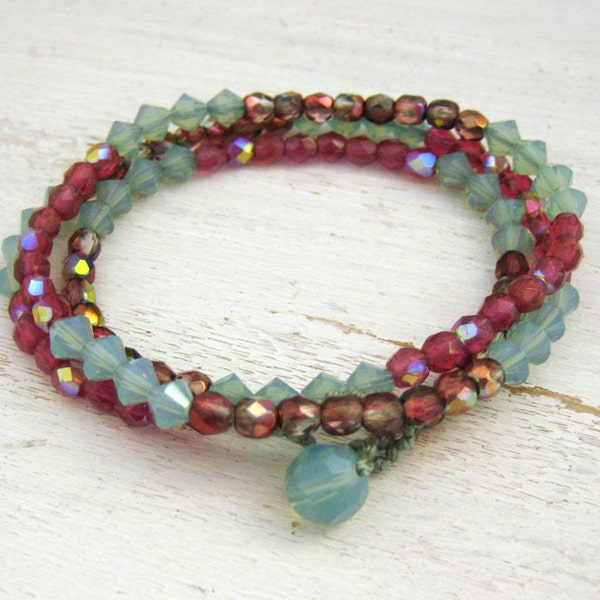 Boho Wrap Bracelet, Aqua Blue, Raspberry Pink, Red Brown, Beaded Necklace, Swarovski Crystal Pearls & Glass Beads, Summer Bracelet