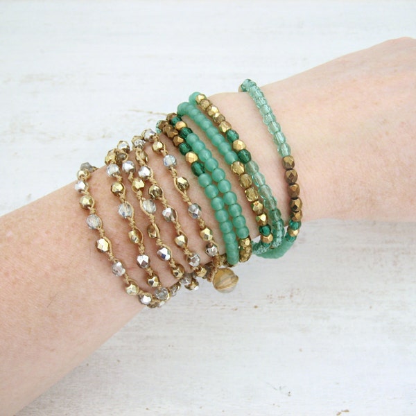 Colorful Boho Wrap Bracelet, Emerald Green & Gold, Double Strand Necklace, Bohemian Bracelet