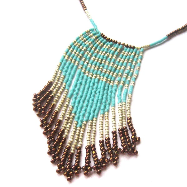 Ethnic Beaded Necklace, Turquoise Blue, Brown Copper and Beige -  INDA by Krysten Design