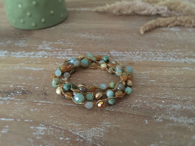 Bracelet multirangs en perles de verre et pierres fines pour femme, collier en perles naturelles, bracelet couleurs naturelles image 8
