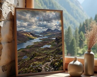 以下が含まれることがあります： 川が谷を流れ、背景に山々が描かれた風景画の額入りプリント。 プリントは木製の窓枠に置かれ、乾燥した植物が入った2つのセラミック花瓶の隣にあり、窓からは美しい山の景色が見えます。