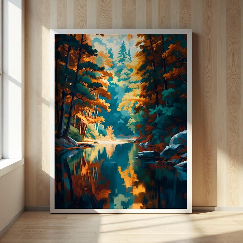 Forest Lake Reflection Art Print | Autumn Woodland Water Painting ...