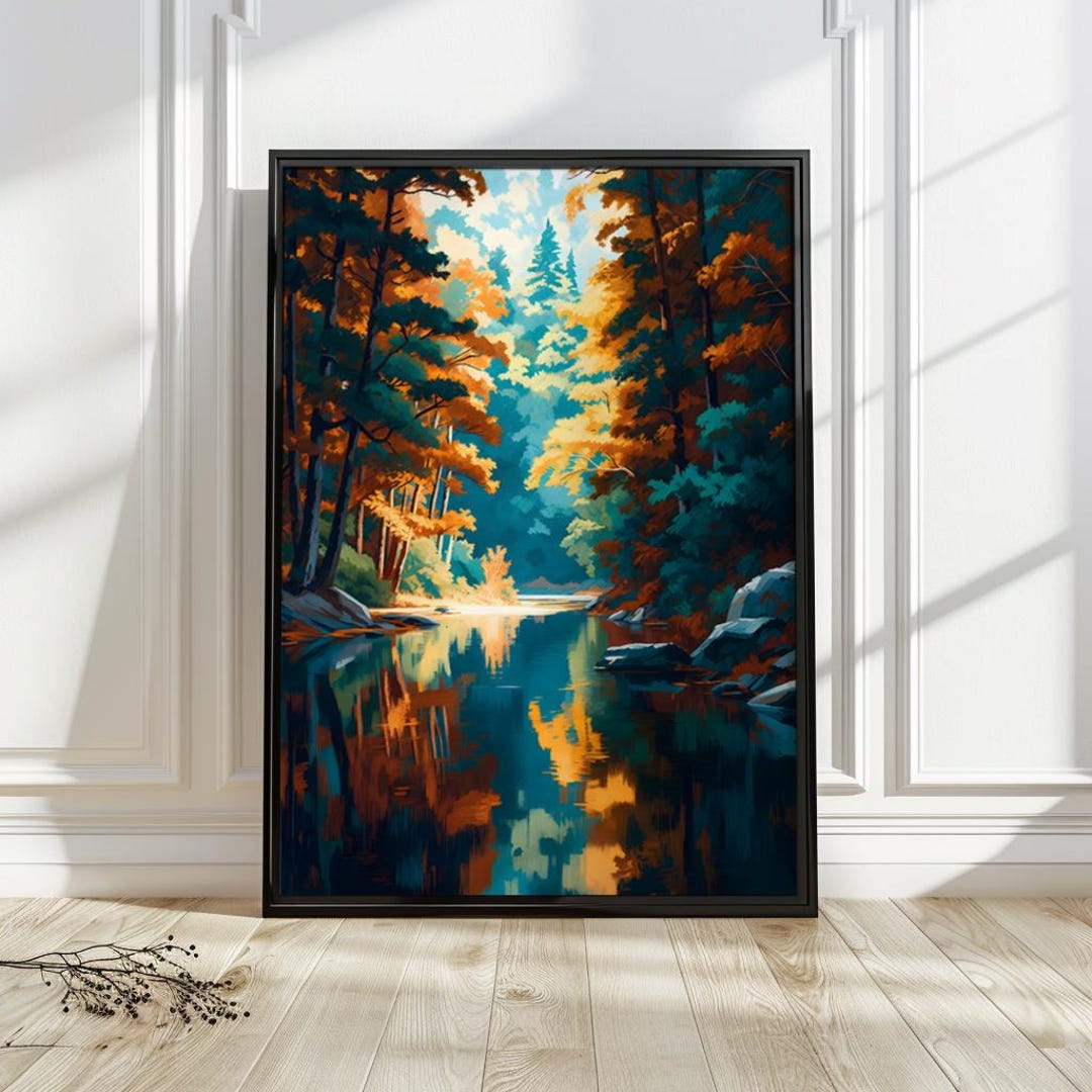 Forest Lake Reflection Art Print | Autumn Woodland Water Painting ...