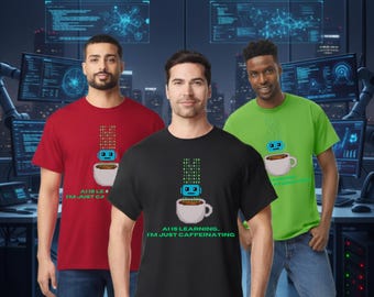 AI Caffeinating Robot T-Shirt, Funny Tech Geek Tee