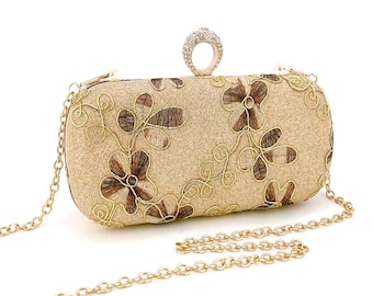 Bolso de mano de noche con bordado de hojas e hilo dorado 3D