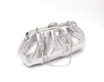 Bolso de mano minimalista de noche con lentejuelas brillantes y cadena desmontable.
