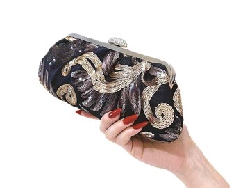 Bolso de mano/cartera/bolso de noche de estilo vintage con lentejuelas y bordado de cuentas negras