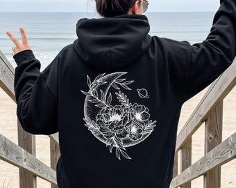 Floral Moon Hoodie | Boho Lunar Flower Sweatshirt | Celestial Cottagecore Hoodie | Cozy Gift