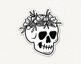 Floral Skull Sticker | Gothic Botanical Vinyl Decal | 3in Waterproof Boho Art | Die Cut
