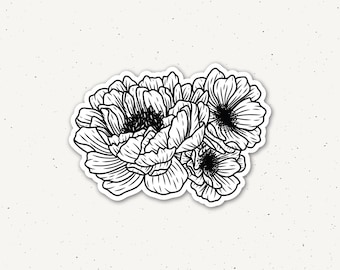 Peony Bunch Sticker | Floral Line Art Decal | Bloom Peony| 3in Waterproof Vinyl
