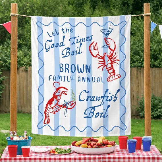 Personalized Crawfish Boil Silk Banner, Let The Good Times Boil Party Decor, Louisiana Crawfish Boil Family Party Backdrop