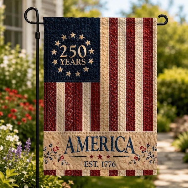 USA Vintage Style 250th Anniversary Garden Flag, Faux Patchwork Vintage USA Flag for Independence Day, 4th of July Outdoor Decor, USA Flag