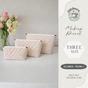 May include: Three floral-patterned makeup pouches in different sizes, with cream backgrounds and white zippers. The pouches have burgundy trim. The image includes text: "Makeup Pouch", "Three Size", "Beginner Friendly", and "Instant Download".