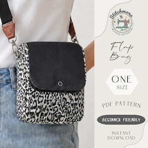 May include: A black and white leopard print flap bag with a black flap closure. The bag has a black strap and a brown leather accent. The bag is one size and is a PDF pattern. The text on the image says "Flap Bag" and "Beginner Friendly".