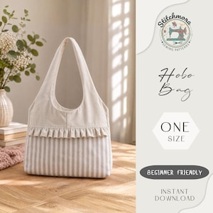 May include: A hobo bag featuring a solid cream-coloured upper section with a horizontal ruffle trim and a lower section with vertical light grey and white stripes. The text on the right reads Stitchmora Sewing Patterns, Hobo Bag, One Size, Beginner Friendly, Instant Download.