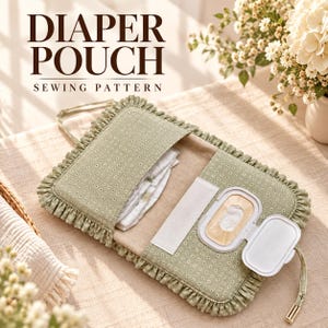 Peut inclure: Un patron de couture pour pochette à couches vert sauge avec un petit motif floral blanc et des bords à volants. La pochette ouverte présente une poche contenant un tissu blanc plié et un distributeur à clapet en plastique.
