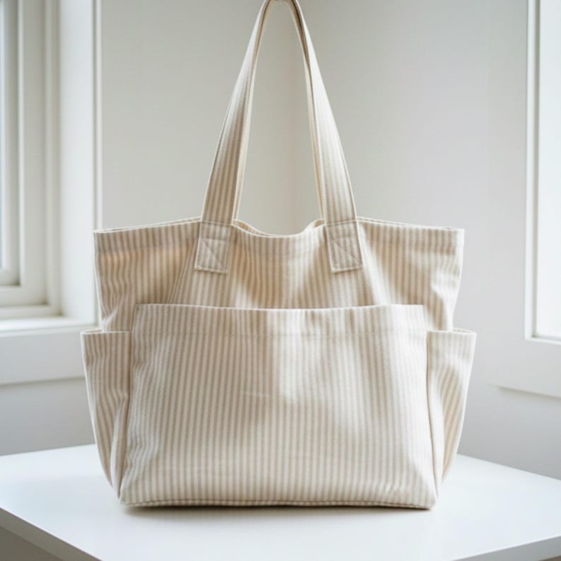 May include: A beige and white striped tote bag with two external pockets. The bag has long handles for carrying over the shoulder and is made of a sturdy fabric. The bag is on a white surface.