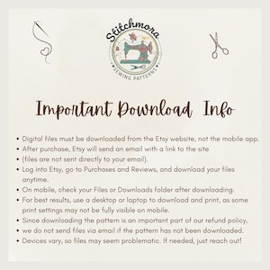 May include: A digital information card featuring the Stitchmora Sewing Patterns logo, a needle with thread, and scissors. The text provides instructions for downloading digital files from the Etsy website, emphasizing the use of a desktop computer.