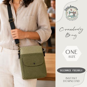May include: A two-tone olive green crossbody bag with a black adjustable strap and a front flap pocket with a snap closure. The text on the image reads Stitchmora Sewing Patterns, Crossbody Bag, One Size, Beginner Friendly, Instant Download.