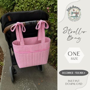 May include: A pink and white gingham stroller bag featuring two tie-top handles, a rectangular body with vertical quilted stitching, and two front pockets. The text on the right reads Stitchmora Sewing Patterns, Stroller Bag, One Size, Beginner Friendly, Instant Download.