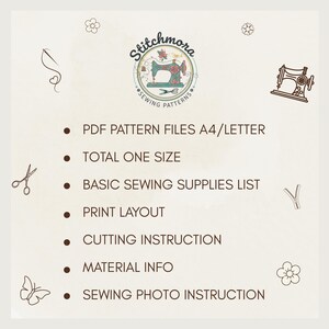 May include: Cream-coloured graphic featuring the "Stitchmora Sewing Patterns" logo, a vintage sewing machine illustration, and bullet points detailing PDF pattern files, one size, sewing supplies, print layout, cutting instructions, material info, and sewing photo instructions.