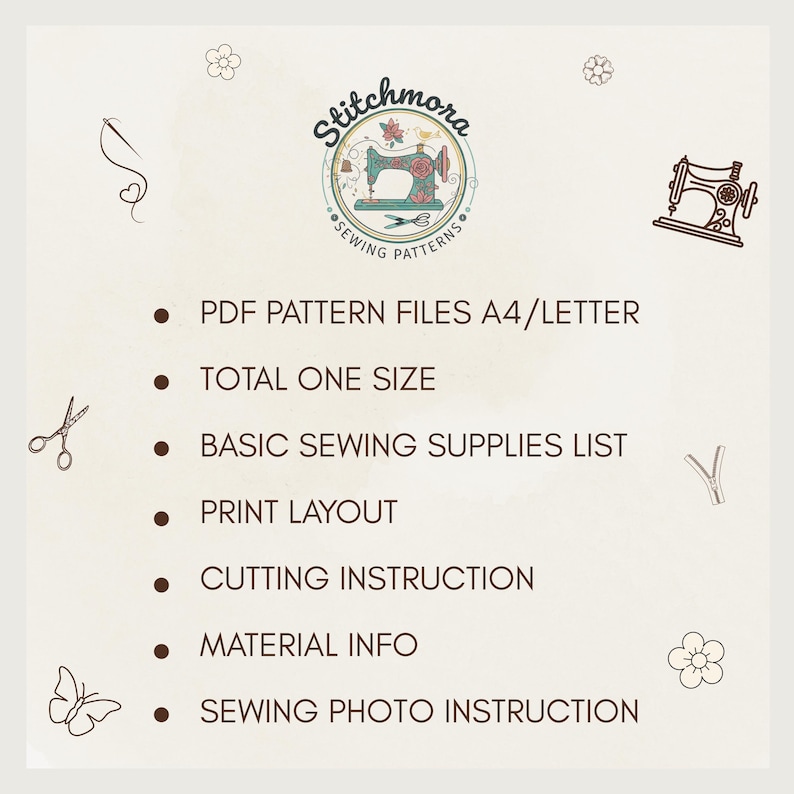 May include: Cream-coloured graphic featuring the "Stitchmora Sewing Patterns" logo, a vintage sewing machine illustration, and bullet points detailing PDF pattern files, one size, sewing supplies, print layout, cutting instructions, material info, and sewing photo instructions.