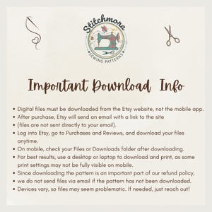 May include: Cream-colored graphic with the text "Important Download Info" and bullet points about downloading digital files from Etsy. Includes a logo with a sewing machine and the words "Stitchmora Sewing Patterns."