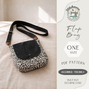 May include: A black and white leopard print flap bag with a black flap and adjustable black strap. The bag has a button closure and brown leather accents. The image also includes text that says "Flap Bag", "One Size", and "Beginner Friendly".