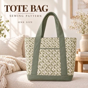 May include: A tote bag sewing pattern featuring a repeating geometric leaf motif in shades of sage green and cream. The bag has solid sage green fabric handles and a matching base. Text on the image reads: TOTE BAG SEWING PATTERN ONE SIZE.