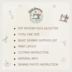 May include: A cream-coloured graphic featuring the text "Stitchmora Sewing Patterns." The image includes a logo of a vintage sewing machine and bullet points listing PDF pattern files, cutting instructions, and sewing photo instructions.