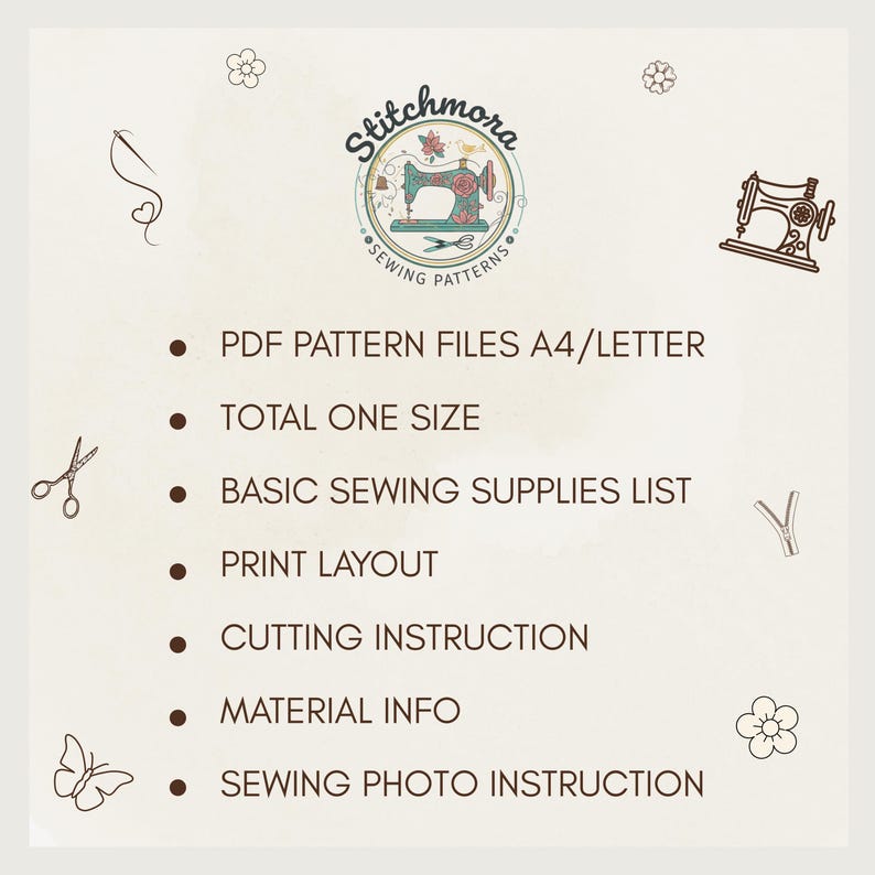May include: A cream-coloured graphic featuring the text "Stitchmora Sewing Patterns." The image includes a logo of a vintage sewing machine and bullet points listing PDF pattern files, cutting instructions, and sewing photo instructions.