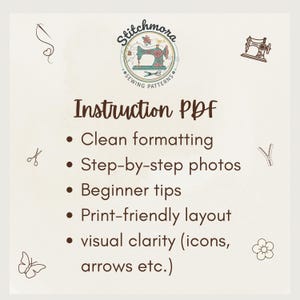 May include: A cream-coloured graphic with the text "Instruction PDF" and bullet points detailing features such as clean formatting, step-by-step photos, and beginner tips. The Stitchmora logo, with a sewing machine, is at the top.
