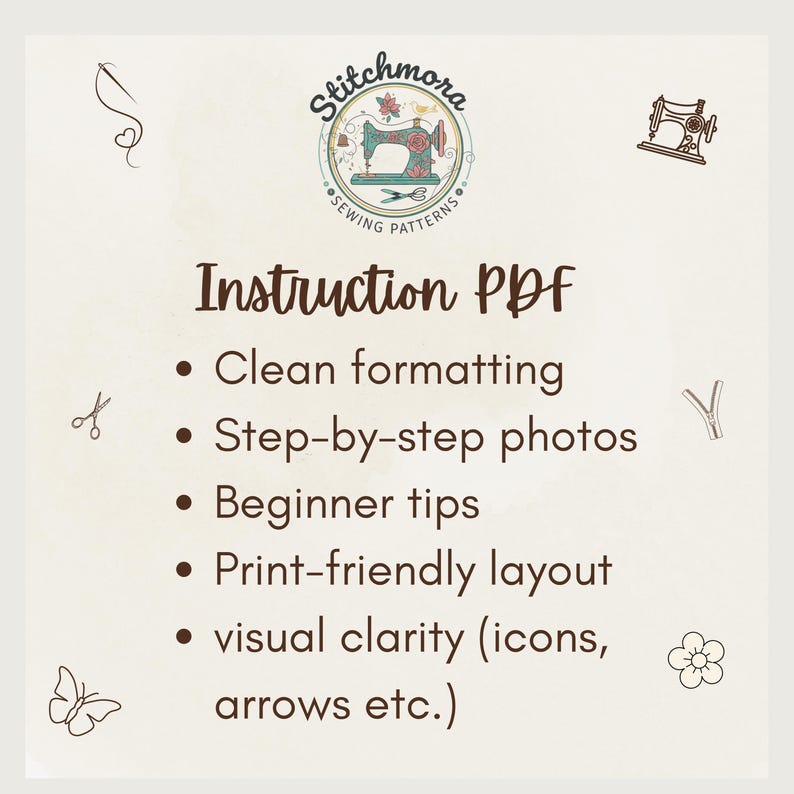 May include: A cream-coloured graphic with the text "Instruction PDF" and bullet points detailing features such as clean formatting, step-by-step photos, and beginner tips. The Stitchmora logo, with a sewing machine, is at the top.