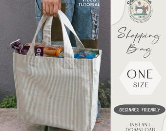 Modello PDF per cucire una borsa per la spesa, borsa in tela riutilizzabile fai da te per principianti, modello di borsa da mercato foderata, formato A4, A0, Lettere, download immediato.