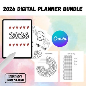 K&ouml;nnte beinhalten: Ein digitales Planer-Bundle f&uuml;r 2026 mit einem Tablet, das das Jahr und Herzen, Gewohnheits-Tracker und ein "Bewerte meinen Tag"-Diagramm anzeigt. Enth&auml;lt das Canva-Logo und den Text "Sofort-Download". Der Hintergrund hat einen Aquarelleffekt.